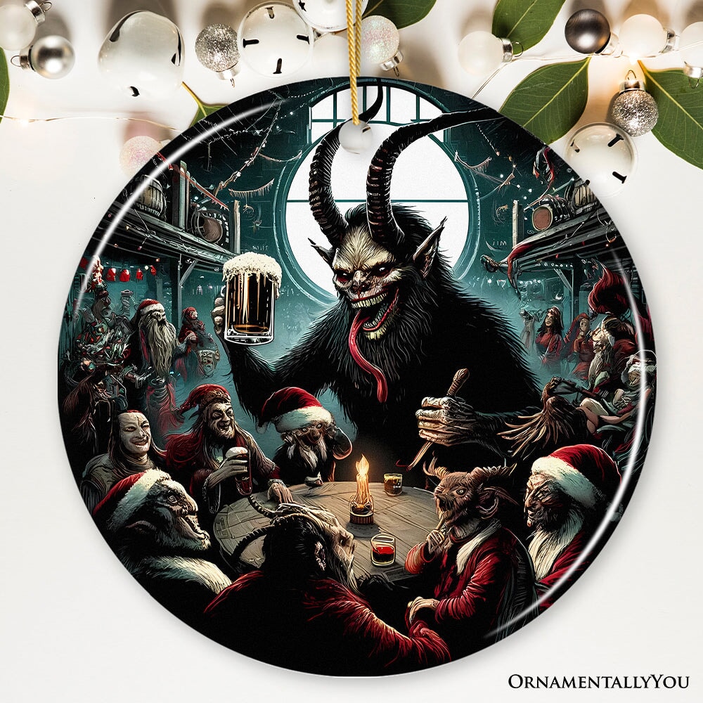 Krampus’s Unholy Revelry Ornament, Dark Folklore Celebration and Spooky Decor Ceramic Ornament OrnamentallyYou Circle 