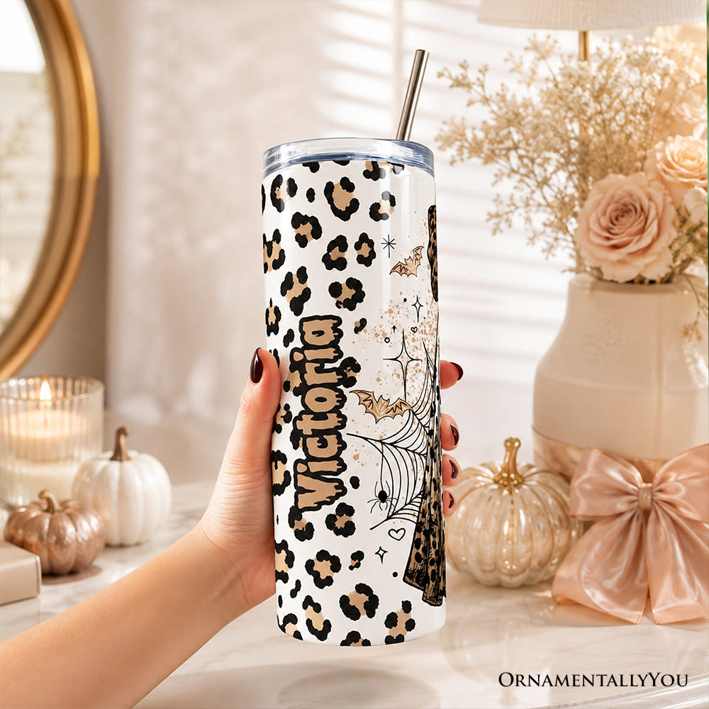 Leopard Ghost With Black Cat 20oz Personalized Tumbler With Lid and Stainless Steel Straw, Coquette Halloween Gift Cup