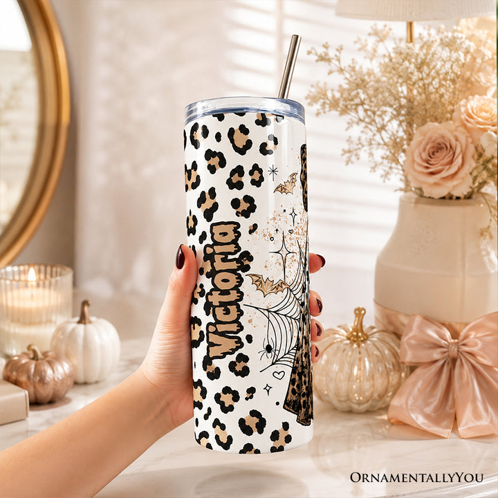 Leopard Ghost With Black Cat 20oz Personalized Tumbler With Lid and Stainless Steel Straw, Coquette Halloween Gift Cup