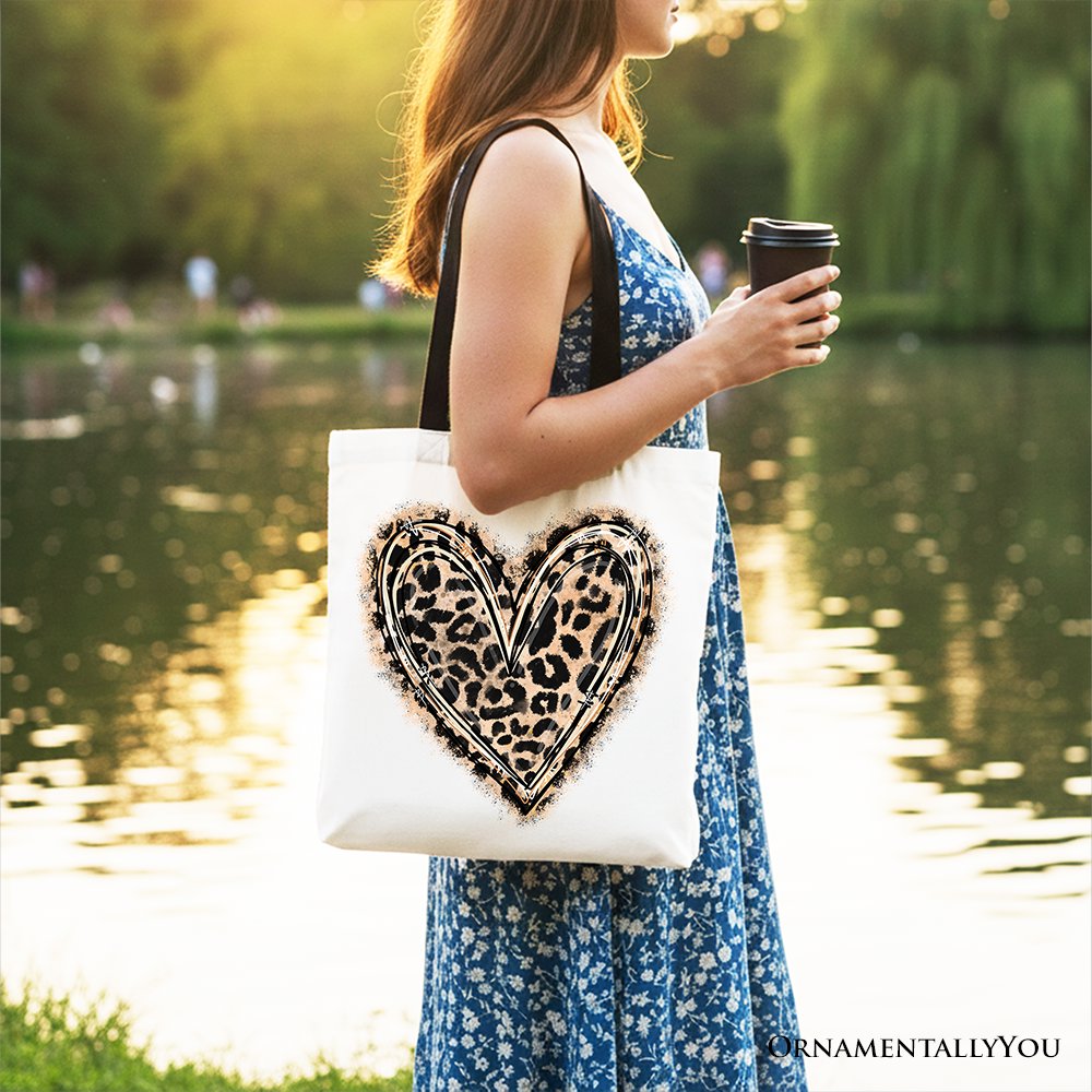 Leopard Heart Valentine Canvas Tote Bag, Love Design Shopper Tote Bag OrnamentallyYou 