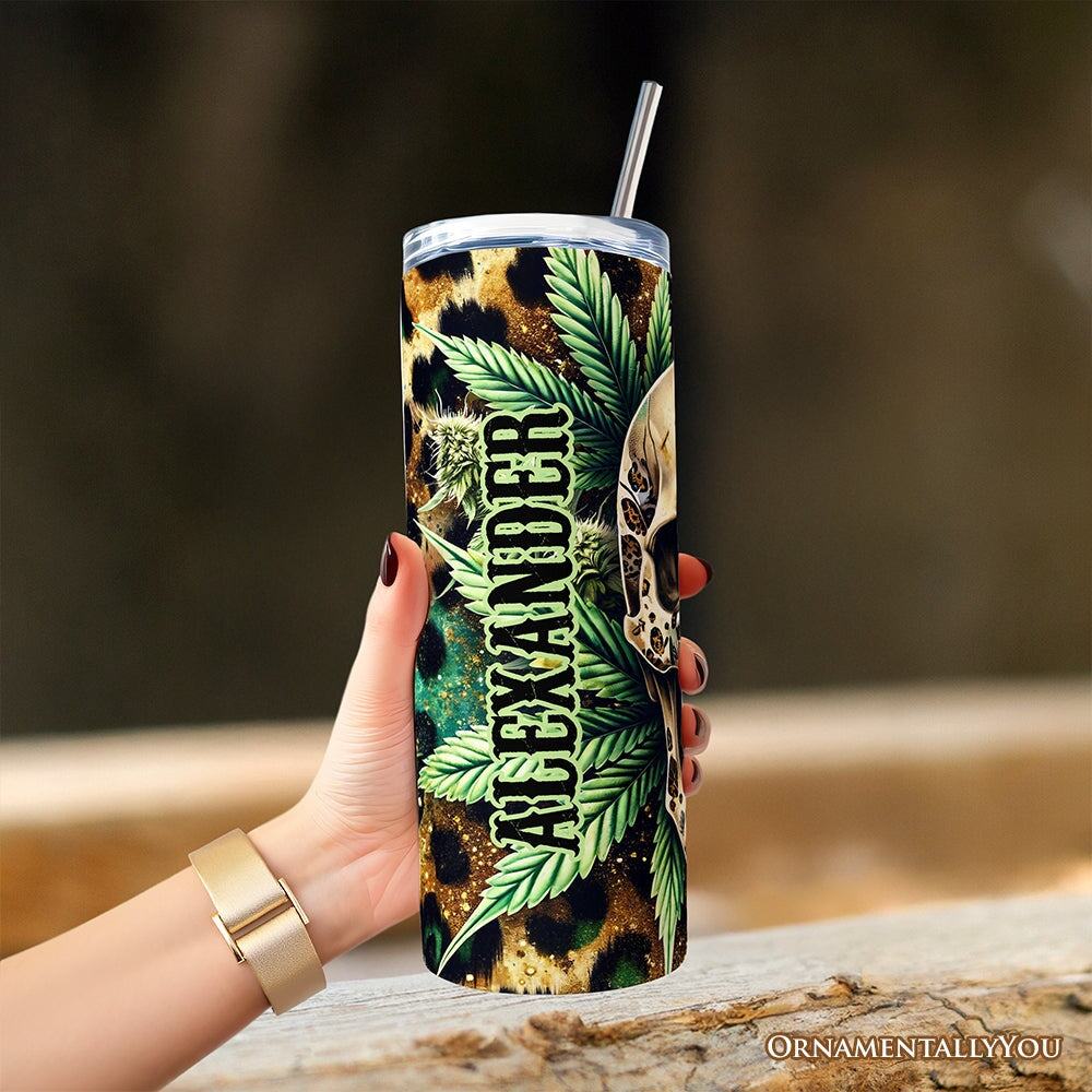 Leopard Skull Weed 20oz Personalized Tumbler With Lid and Stainless Steel Straw, Gothic Cannabis Gift Cup Tumbler OrnamentallyYou 