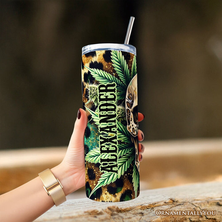 Leopard Skull Weed 20oz Personalized Tumbler With Lid and Stainless Steel Straw, Gothic Cannabis Gift Cup Tumbler OrnamentallyYou 