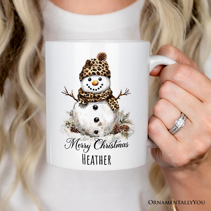 Leopard Snowman Personalized Mug, Christmas Gift With Custom Name Personalized Ceramic Mug OrnamentallyYou 