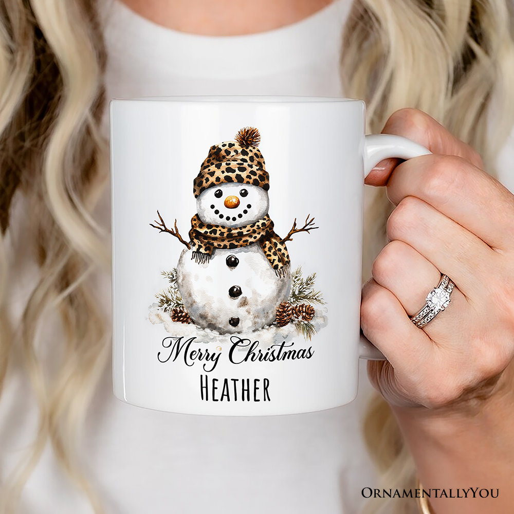 Leopard Snowman Personalized Mug, Christmas Gift With Custom Name