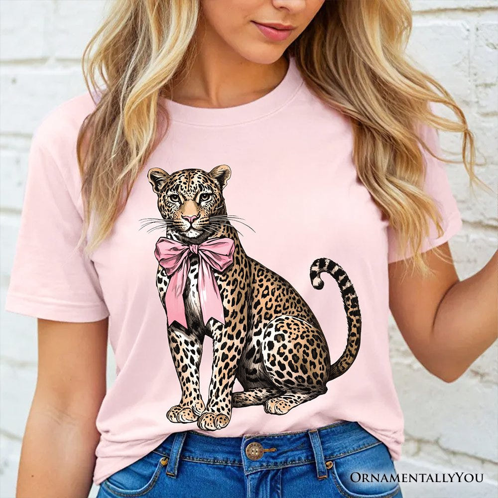 Leopard With Coquette Bow T-Shirt, Animal Trendy Preppy Tee T-Shirts OrnamentallyYou 