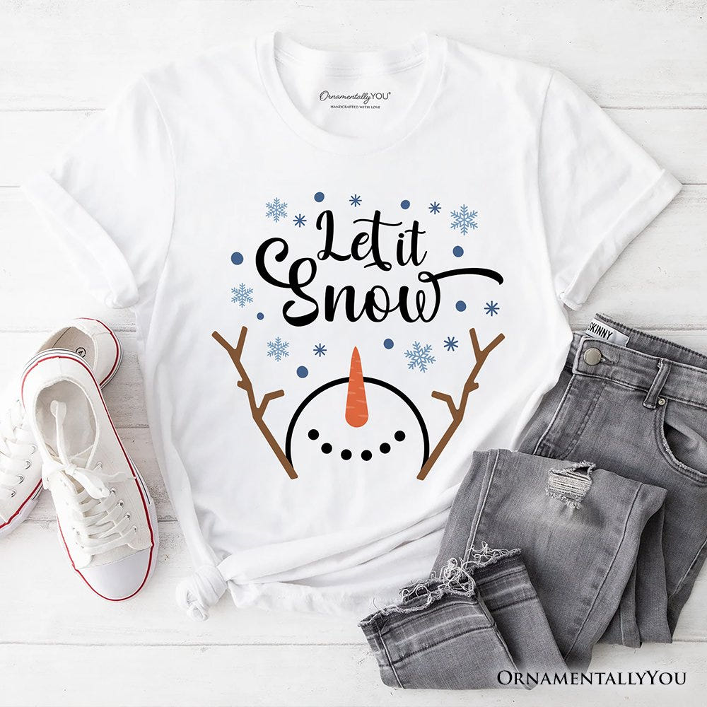 Let It Snow Snowman T‑Shirt, Snowflakes Minimalist Tee for Winter Holiday Season T-Shirts OrnamentallyYou White XS 
