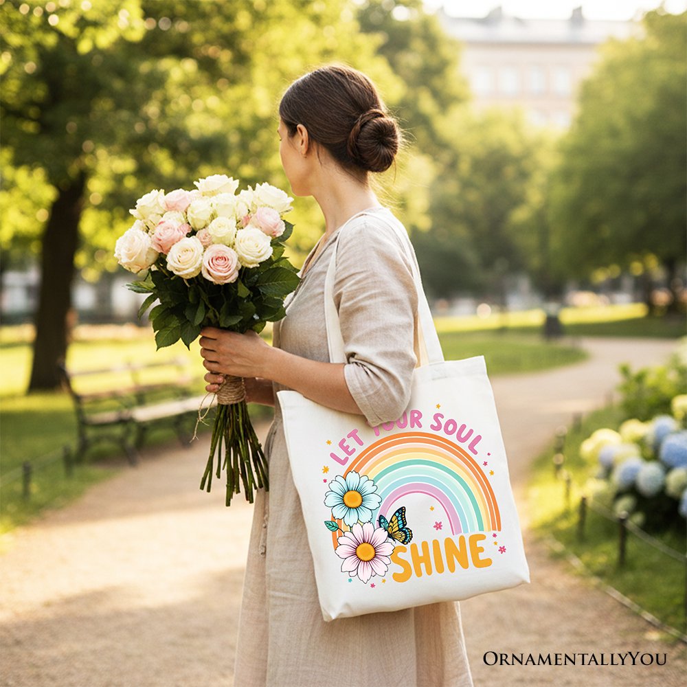 Let Your Soul Shine Rainbow Tote Bag, Retro Pastel Floral Feel Good Gift Shopper Tote Bag OrnamentallyYou 