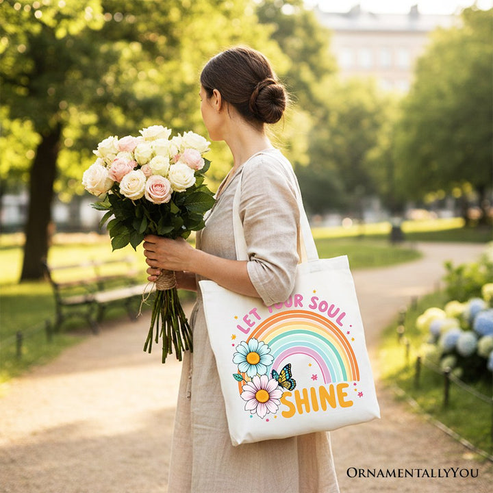 Let Your Soul Shine Rainbow Tote Bag, Retro Pastel Floral Feel Good Gift Shopper Tote Bag OrnamentallyYou 