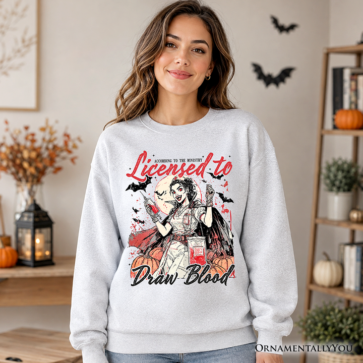 Licensed to Draw Blood Halloween Nurse Sweatshirt, Groovy Sweater for Spooky Season