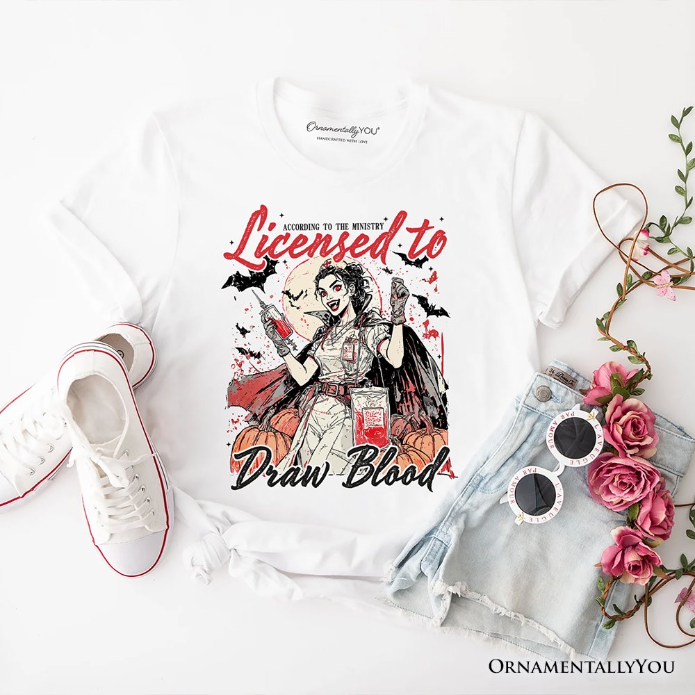 Licensed to Draw Blood Halloween Nurse T-Shirt, Groovy Tee for Spooky Season T-Shirts OrnamentallyYou White XS 