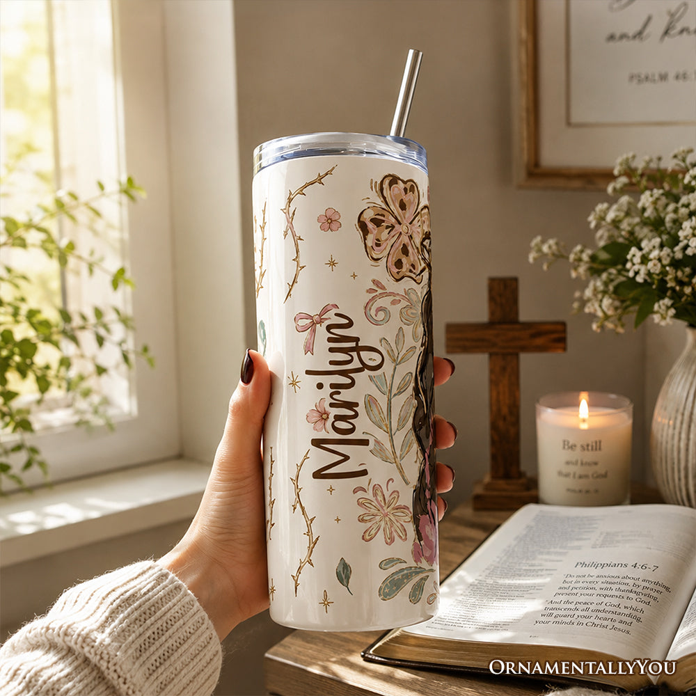 Lion of Judah Christian 20oz Personalized Tumbler With Lid and Stainless Steel Straw, Floral Jesus Religious Faith Gift Cup