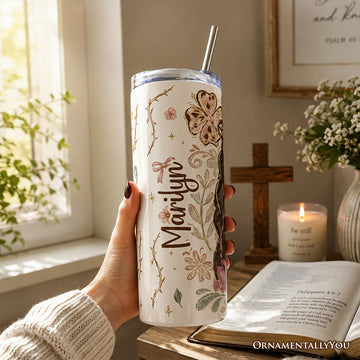 Lion of Judah Christian 20oz Personalized Tumbler With Lid and Stainless Steel Straw, Floral Jesus Religious Faith Gift Cup