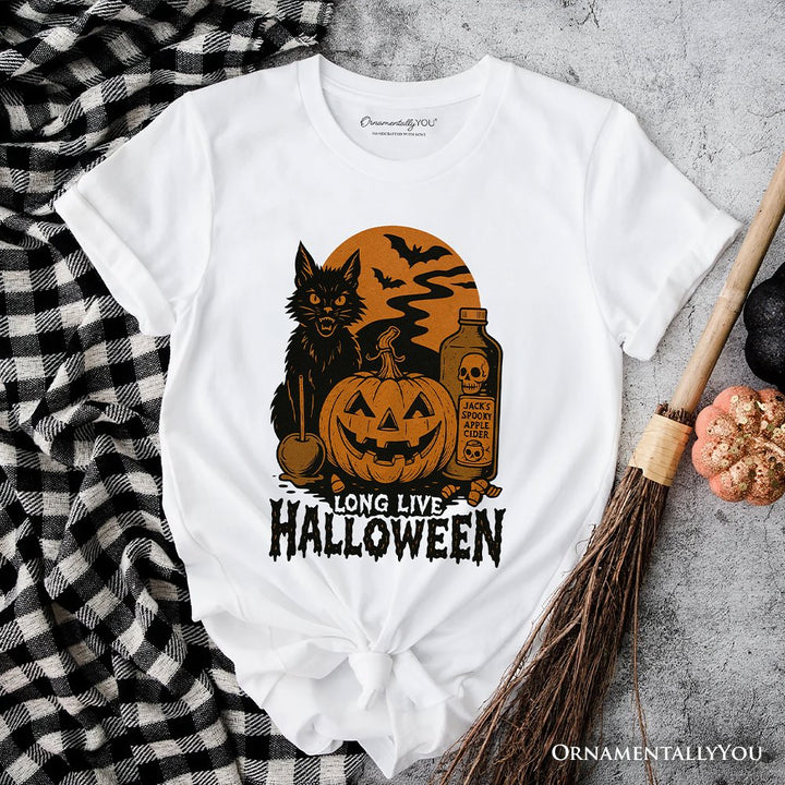 Long Live Halloween T-Shirt, Retro Black Cat Pumpkin Tee for Horror Fans T-Shirts OrnamentallyYou White XS 
