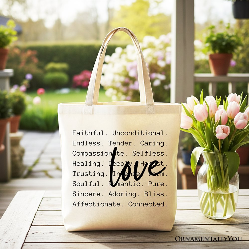 Love Definition Words Canvas Tote Bag, Minimalist Valentine Inspirational Love Gift Shopper Tote Bag OrnamentallyYou Beige 