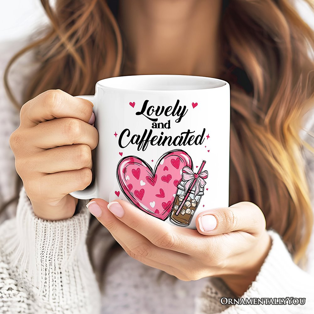 Lovely And Caffeinated Personalized Mug, Valentine Heart Coquette Bow Coffee Lover Gift With Custom Name Personalized Ceramic Mug OrnamentallyYou 