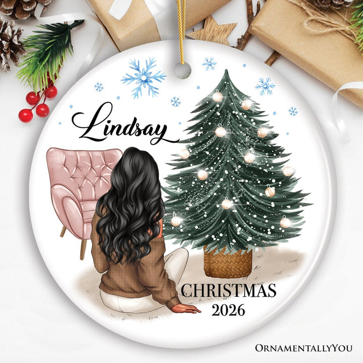 Lovely Women’s Customizable Christmas Ornament Gift, Personalized Hair, Name, and Outfit Ceramic Ornament OrnamentallyYou 