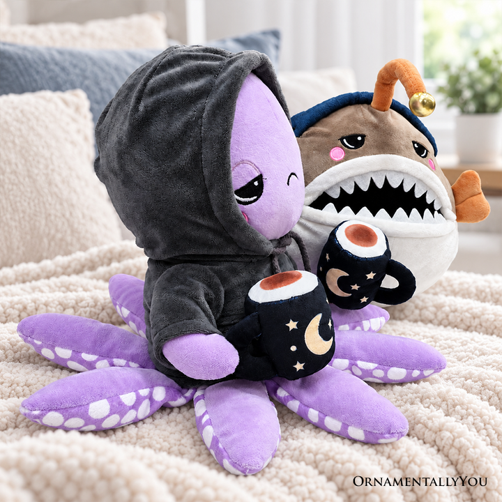 Lumi Anglerfish and Inky Octopus Plush Set, 9.7" Deep Sea Stuffed Animal Friends with Cocoa Mugs