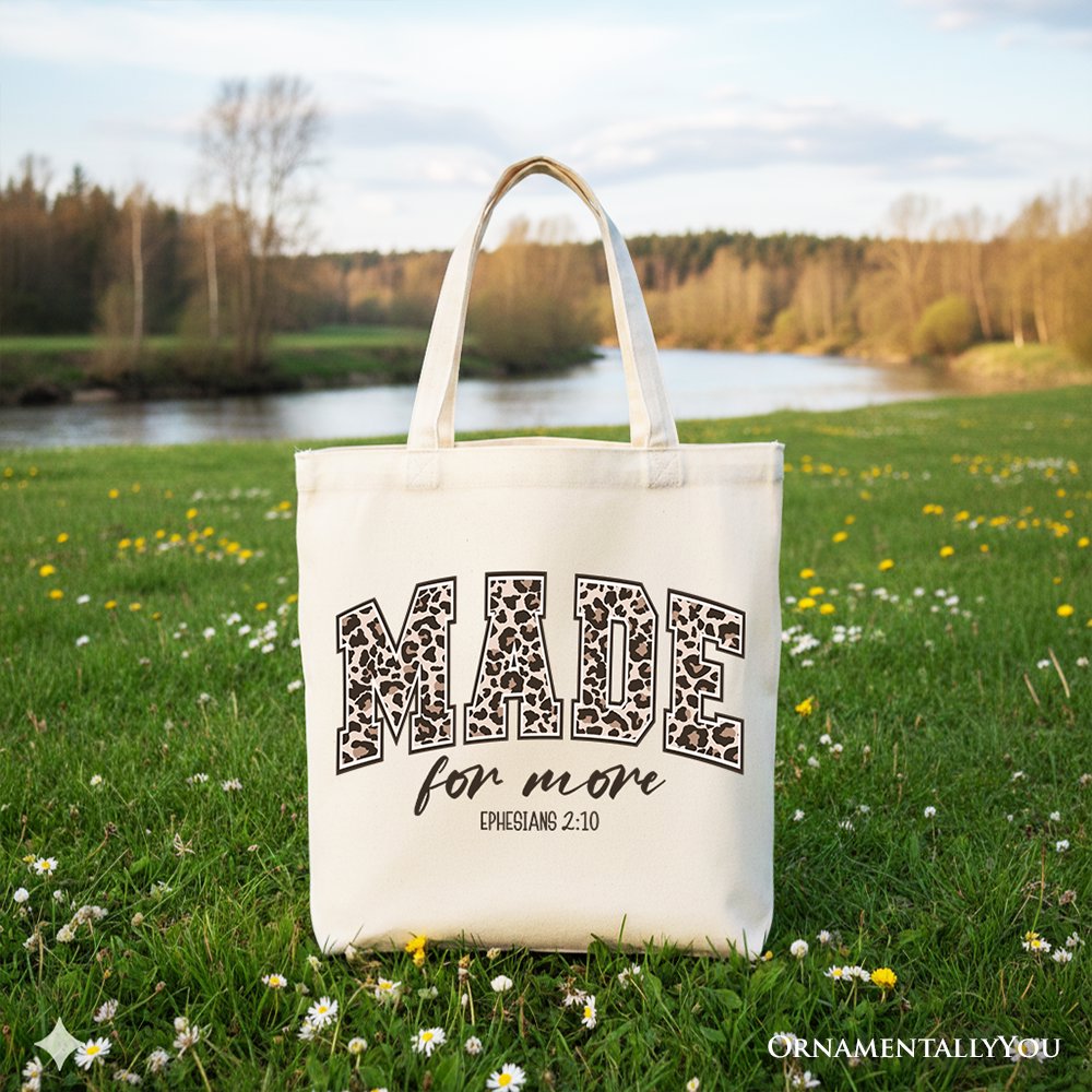 Made For More Christian Canvas Tote Bag, Ephesians 2:10 Leopard Faith Bible Verse Easter Gift Shopper Tote Bag OrnamentallyYou Beige 