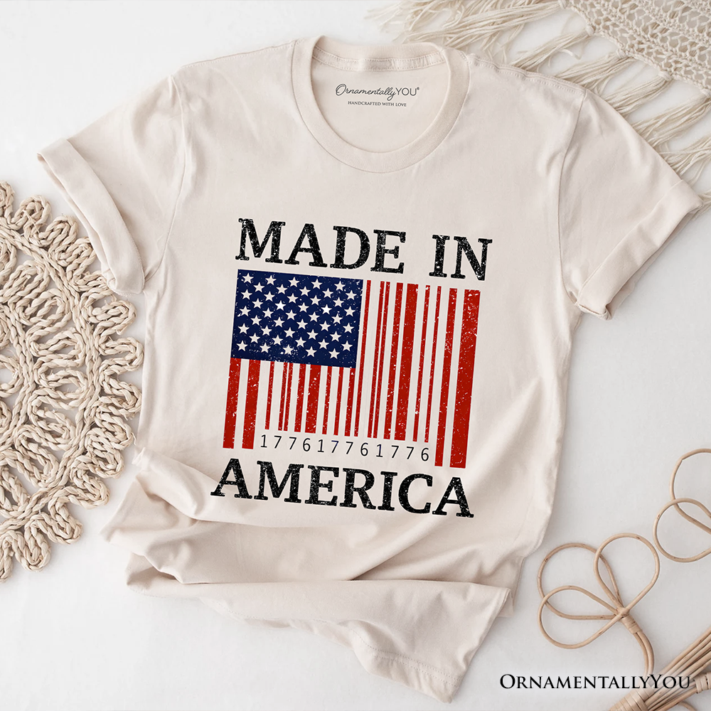 Made In America Bar Code Flag T-Shirt, Patriotic 1776 USA 250th Anniversary Tee