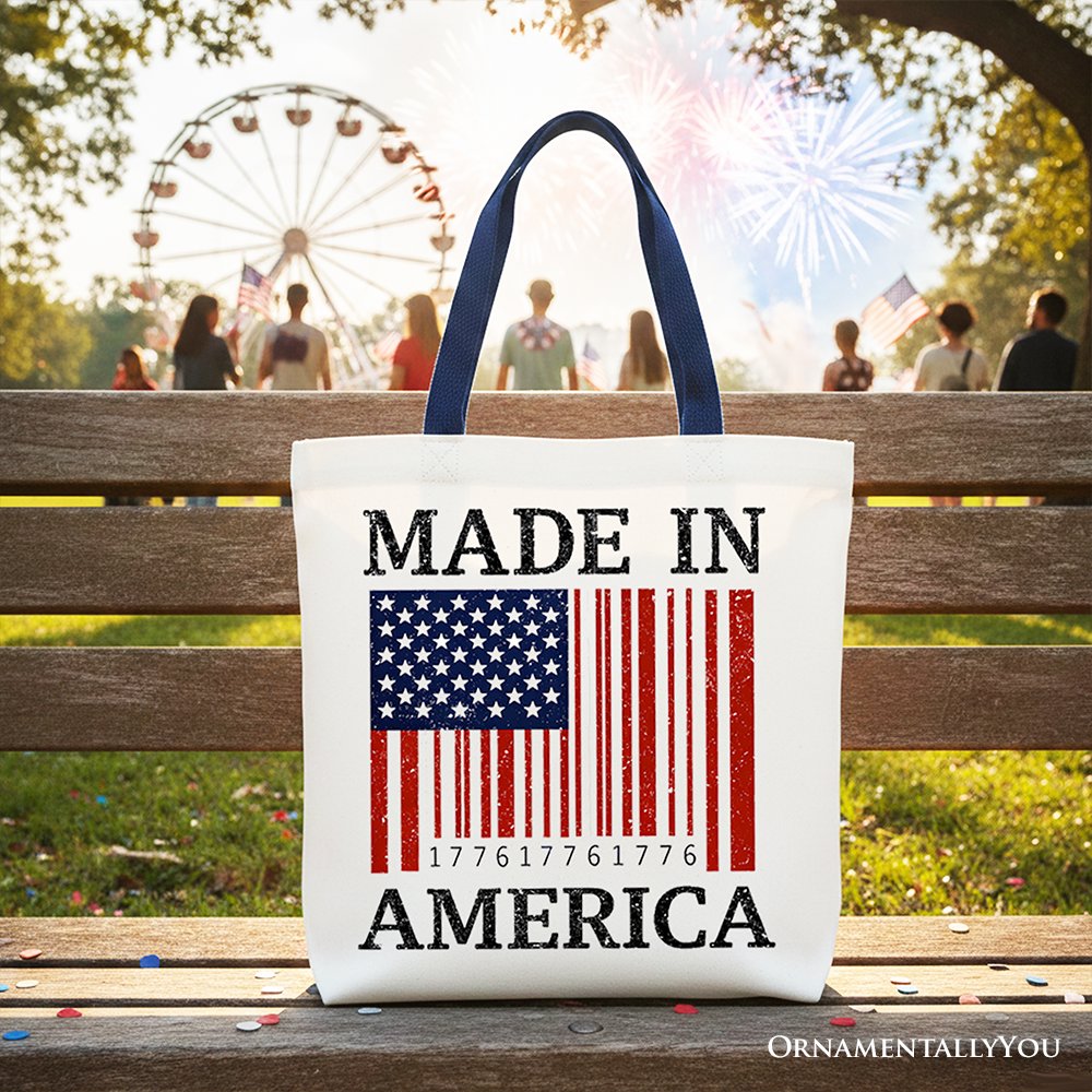 Made In America Bar Code Flag Tote Bag, Patriotic 1776 USA 250th Anniversary Gift Shopper Tote Bag OrnamentallyYou Navy Handle 