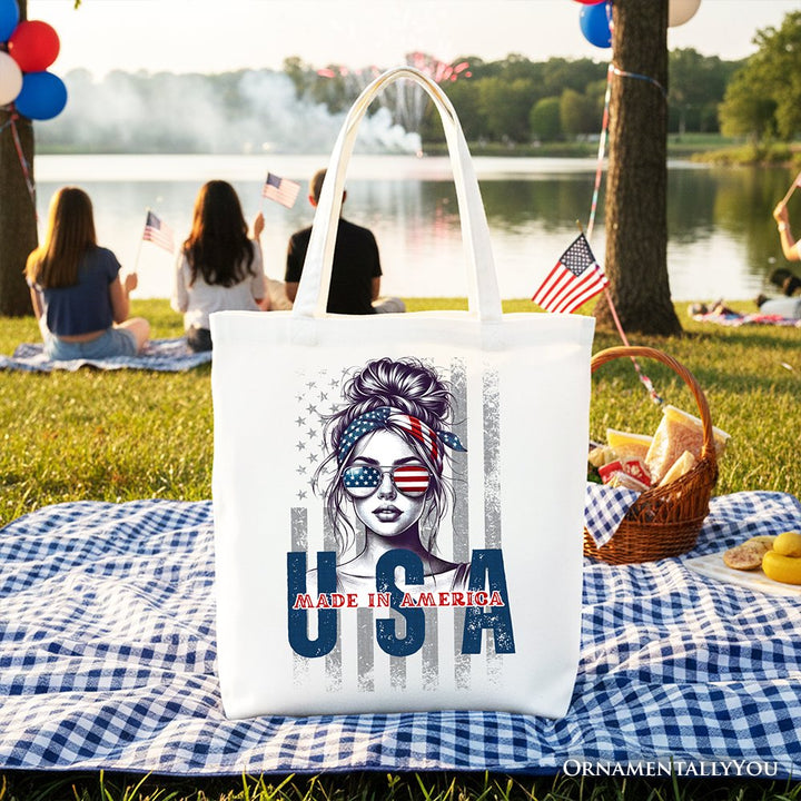 Made in America Messy Bun Tote Bag, Retro 4th of July White Patriotic Gift Shopper Tote Bag OrnamentallyYou White 
