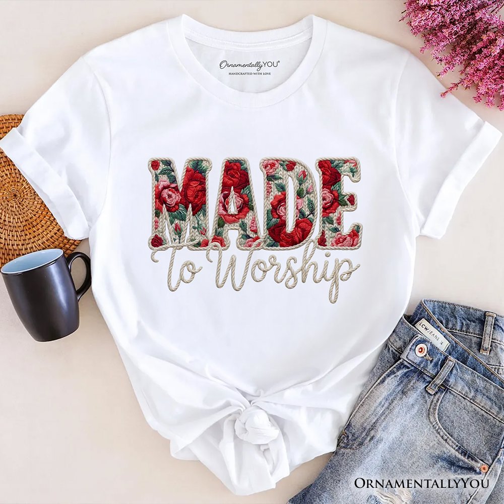 Made to Worship Printed Faux Yarn Crochet Christian T-Shirt, Floral Retro Faith Tee T-Shirts OrnamentallyYou White XS 