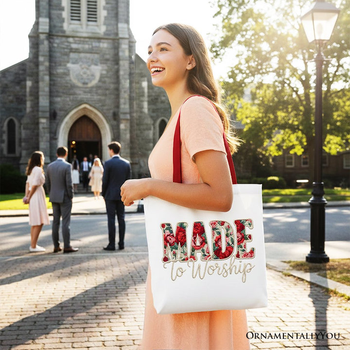 Made to Worship Printed Faux Yarn Crochet Christian Tote Bag, Floral Retro Faith Gift Shopper Tote Bag OrnamentallyYou 