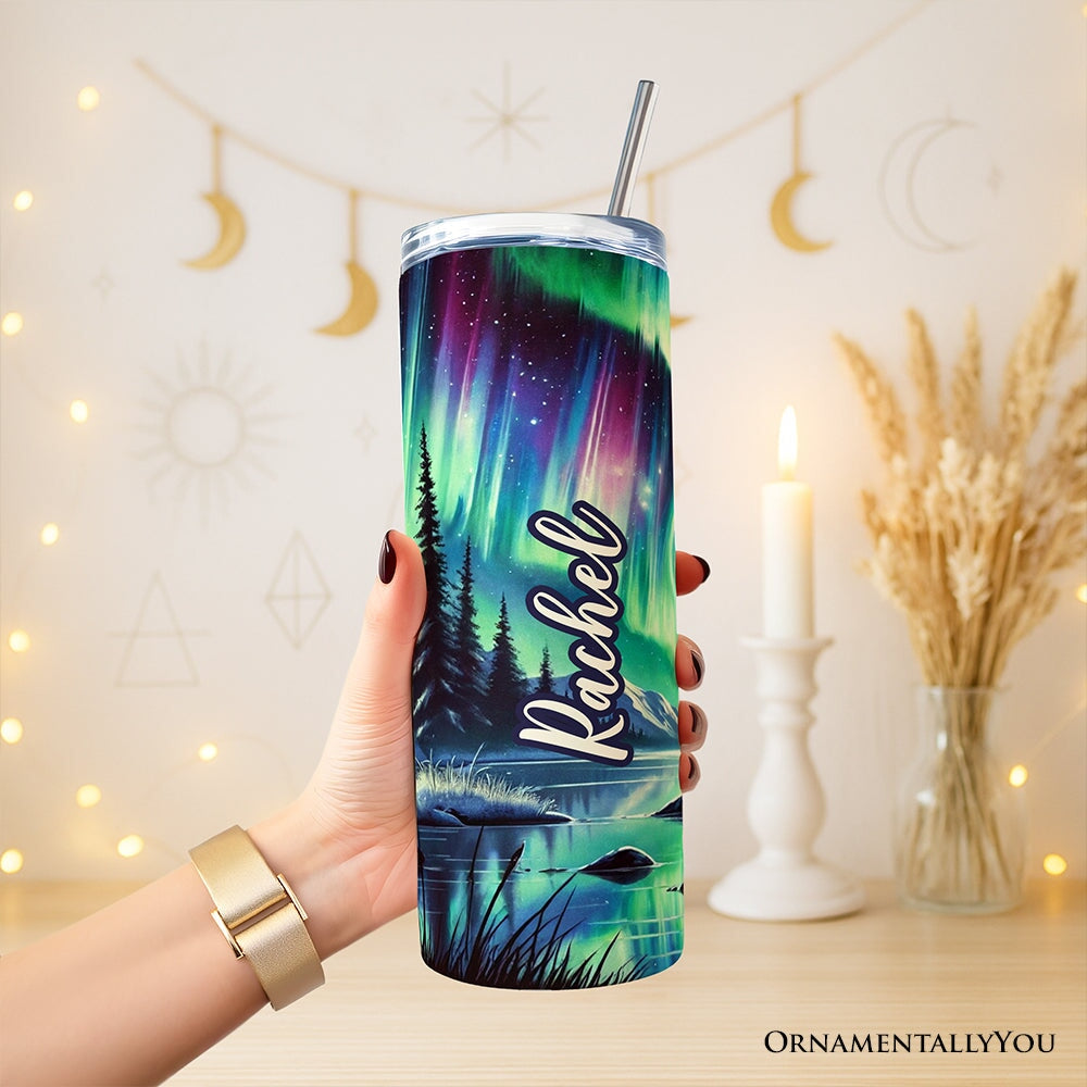 Majestic Moose Under Northern Lights 20oz Personalized Tumbler With Lid and Stainless Steel Straw, Enchanted Christmas Gift Cup Tumbler OrnamentallyYou 