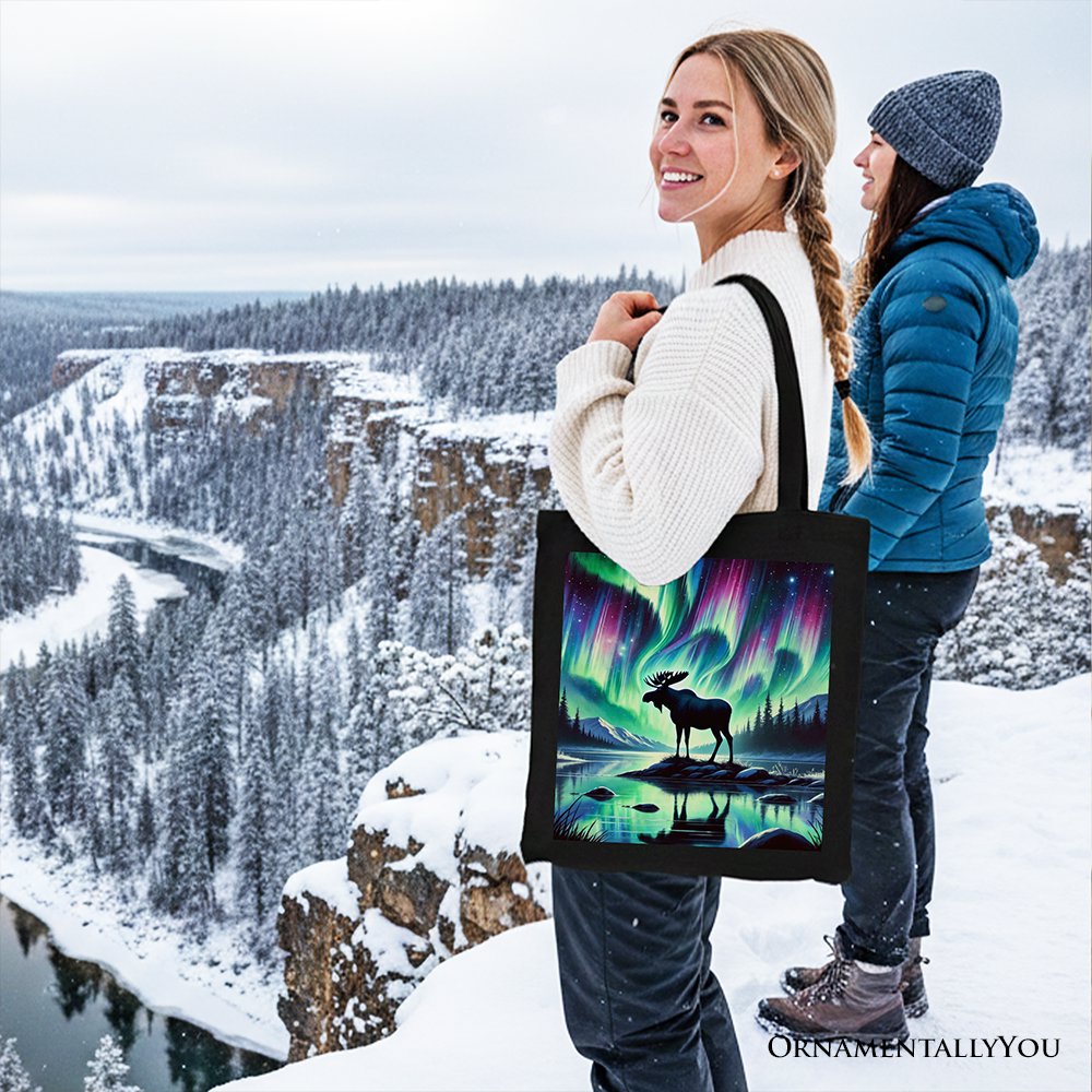 Majestic Moose Under Northern Lights Canvas Tote Bag, Gift Shopper for Enchanted Christmas Tote Bag OrnamentallyYou 