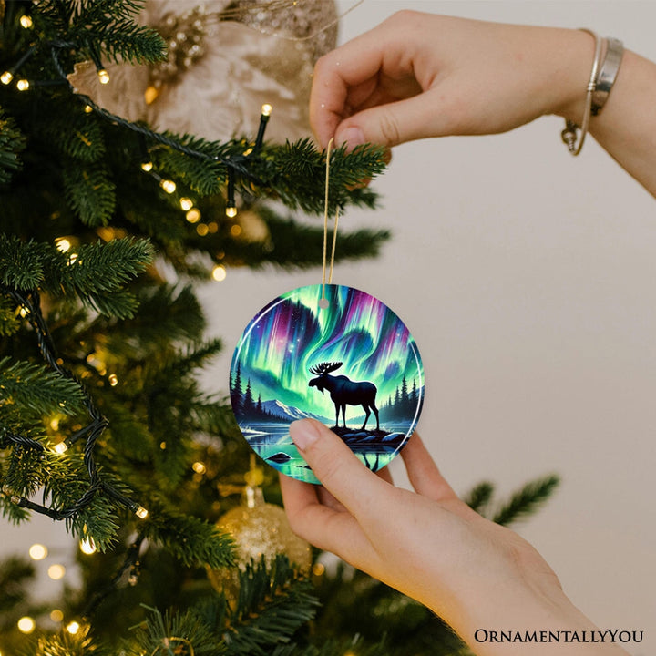 Majestic Moose Under Northern Lights Ornament, Gift for Enchanted Christmas Ceramic Ornament OrnamentallyYou 