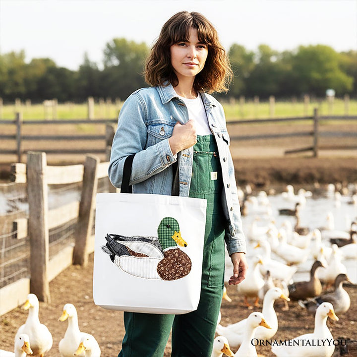 Mallard Duck Printed Faux Patchwork Tote Bag, Hunting Outdoors Gift Shopper Tote Bag OrnamentallyYou 