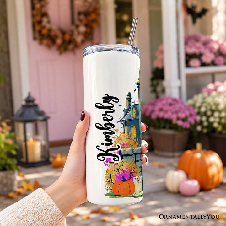 Mentally I Am Here Ghost 20oz Personalized Tumbler With Lid and Stainless Steel Straw, Pink Bow Haunted House Halloween Gift Cup