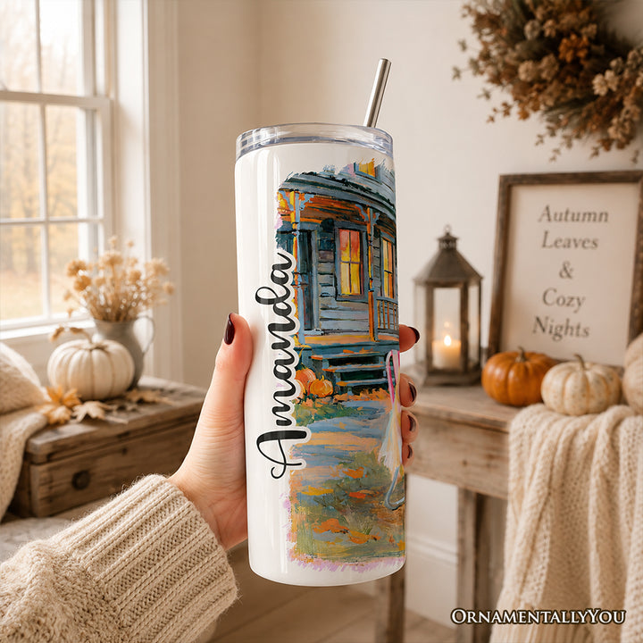 Mentally I'm Here Ghost 20oz Personalized Tumbler With Lid and Stainless Steel Straw, Cozy Fall Halloween Cabin Gift Cup