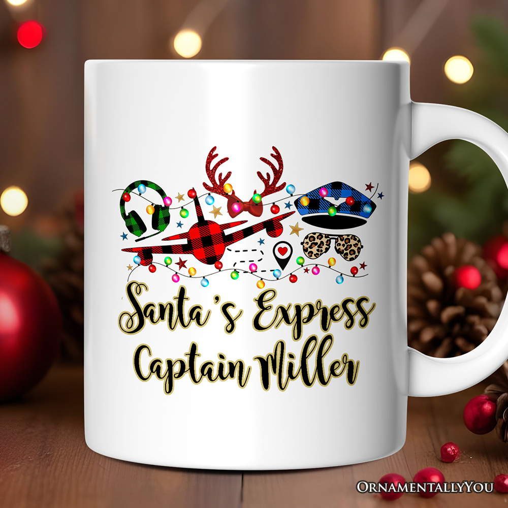 Personalized Mug Airplane Pilot Buffalo Plaid Christmas, Flight Aircraft Crew Gift Holiday Decoration