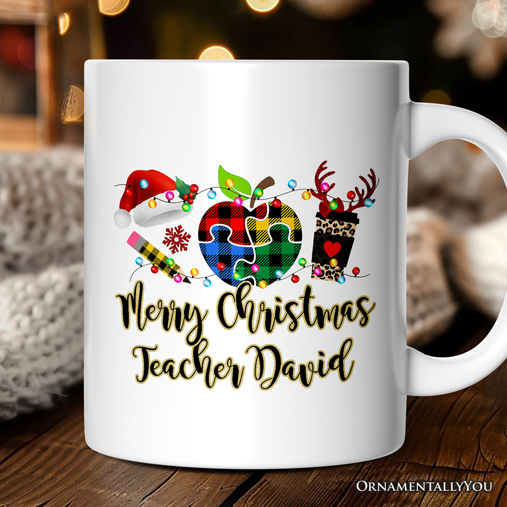 Personalized Mug Autism Teacher Buffalo Plaid Christmas, Thank You Gift