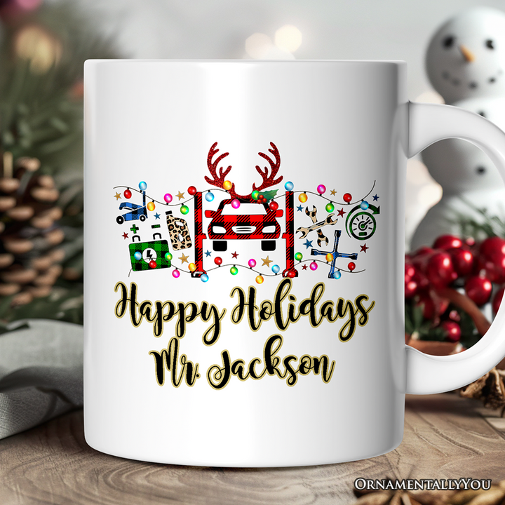 Personalized Mug Automotive Technician Plaid Christmas, Mechanic Repair and Parts Gift for Shop