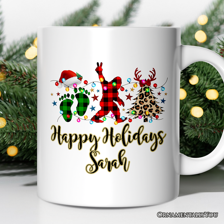 Personalized Mug Bigfoot Buffalo Plaid Christmas, Sasquatch Holiday Decoration