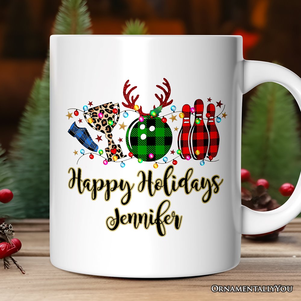 Personalized Mug Bowling Buffalo Plaid Christmas, Ball Pins and Trophy Personalized Ceramic Mug OrnamentallyYou 