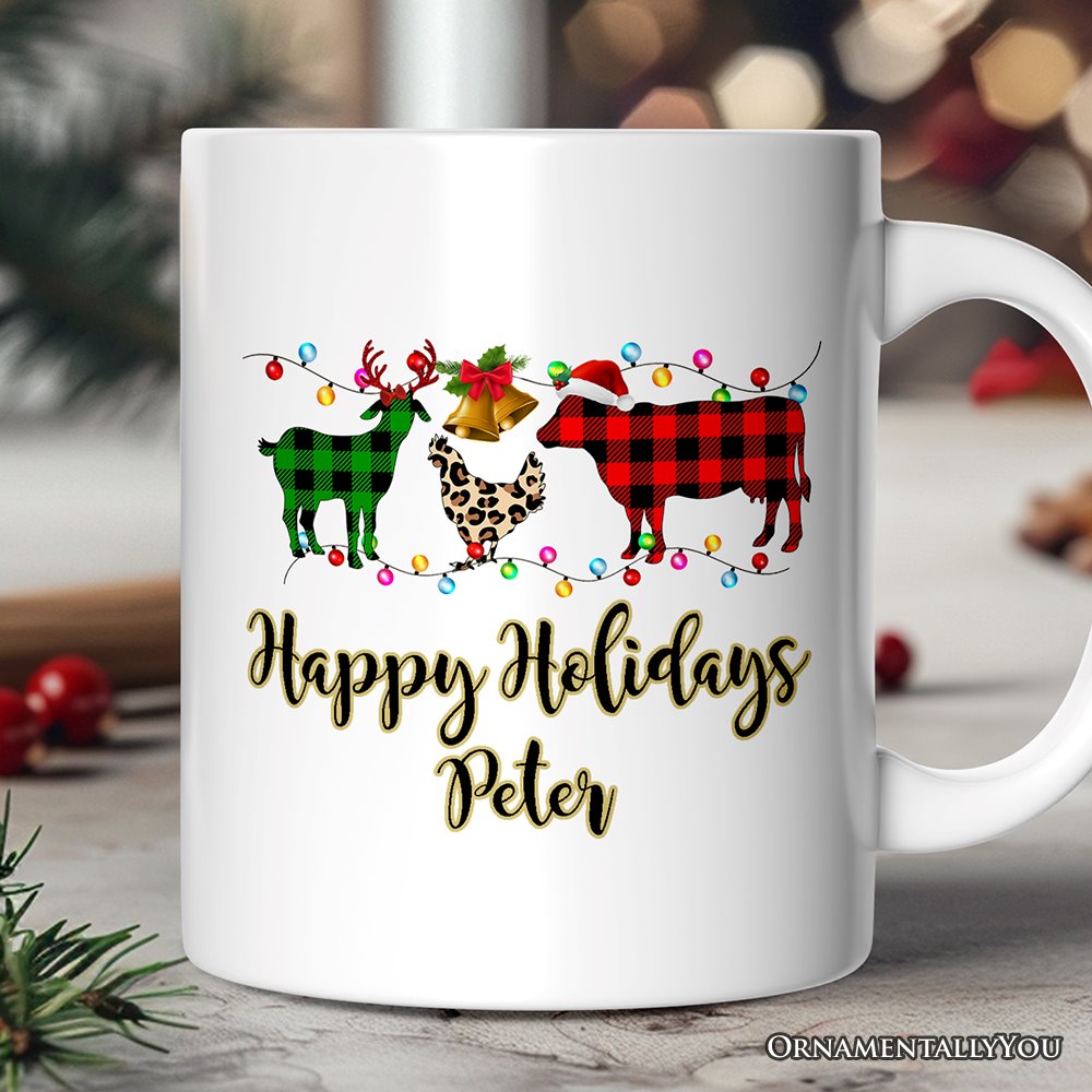 Personalized Mug Farm Animal Buffalo Plaid Christmas, Farmhouse Gift Personalized Ceramic Mug OrnamentallyYou 