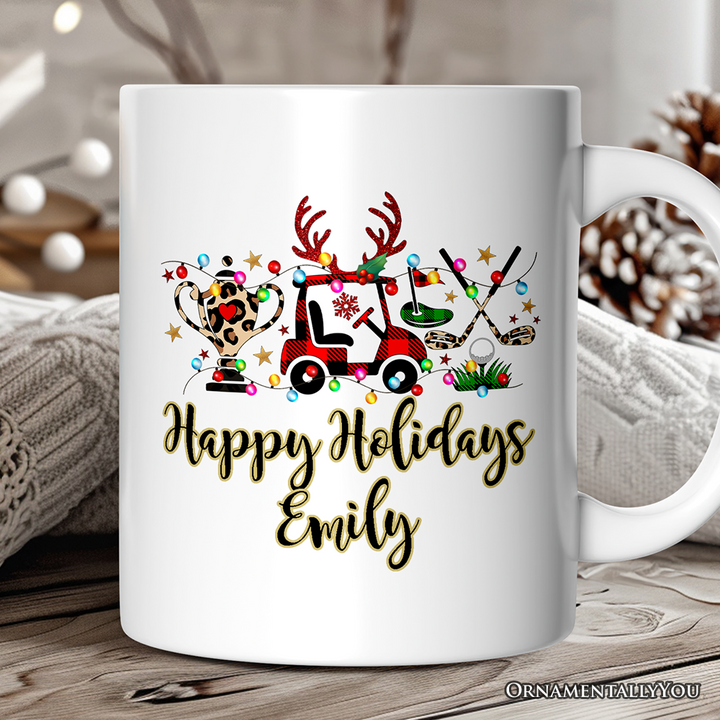 Personalized Mug Golf Buffalo Plaid Christmas, Golf Cart, Putter and Trophy Golfing Gift