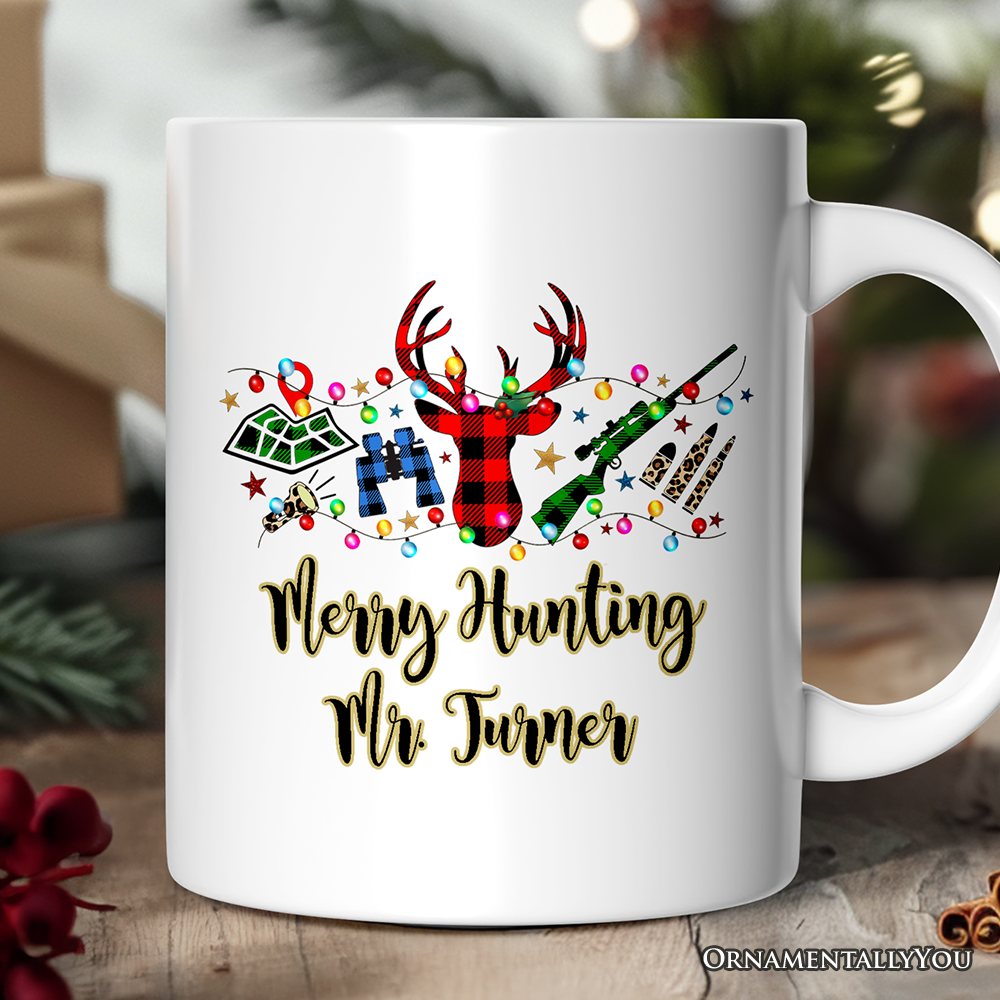 Personalized Mug Buffalo Plaid Hunting Theme Christmas, Hunter Gift, Red and Green Deer and Gun