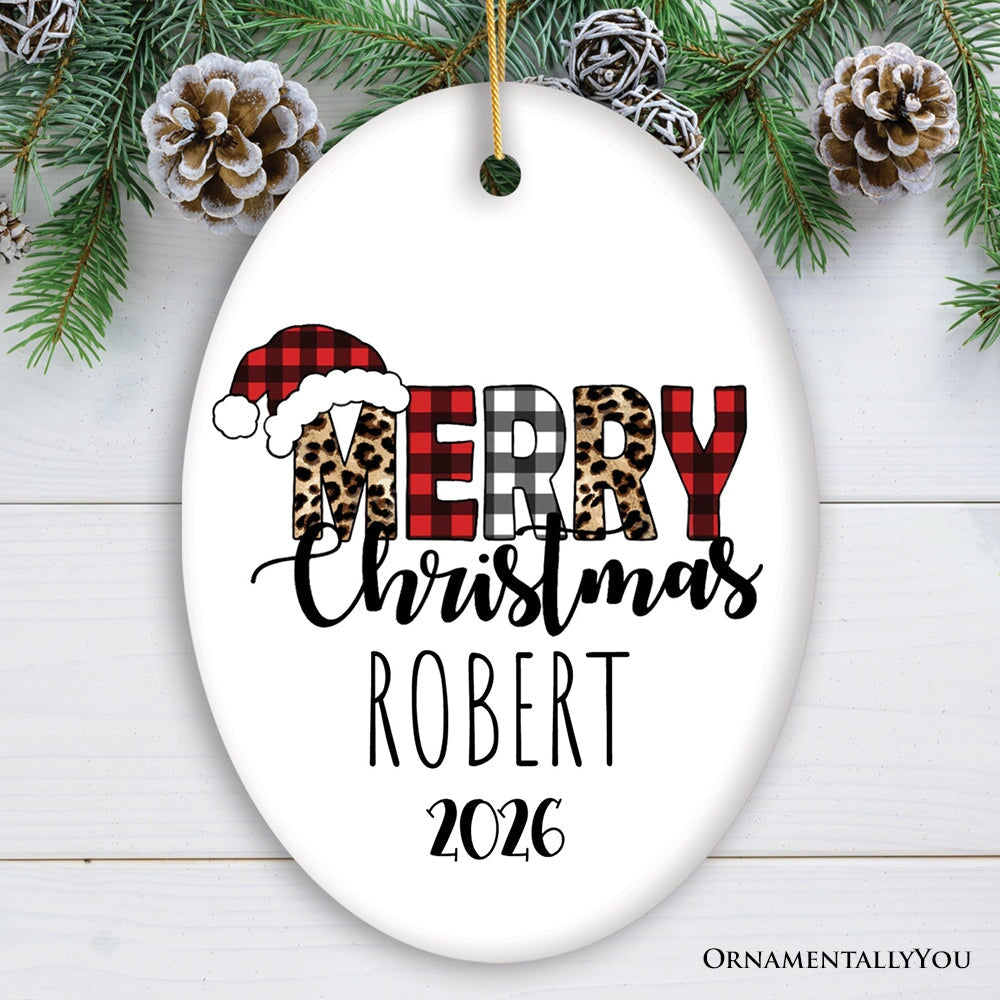Merry Christmas Leopard Buffalo Plaid Personalized Ornament, Holiday Family Gift Ceramic Ornament OrnamentallyYou Oval 