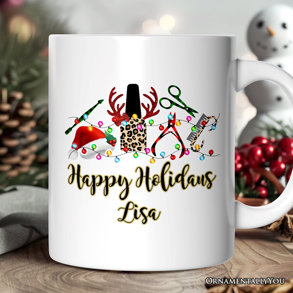 Personalized Mug Nail Tech Buffalo Plaid Christmas, Pedicure Gift Personalized Ceramic Mug OrnamentallyYou 