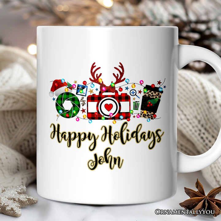 Personalized Mug Photographer Buffalo Plaid Christmas, Photography Accessories like Camera, Holiday Gift