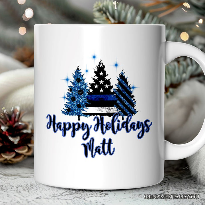 Personalized Mug Police Officer Back The Blue Christmas Trees, Retirement Gift Personalized Ceramic Mug OrnamentallyYou 