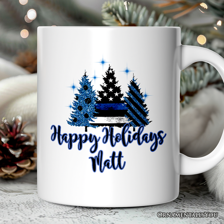 Personalized Mug Police Officer Back The Blue Christmas Trees, Retirement Gift