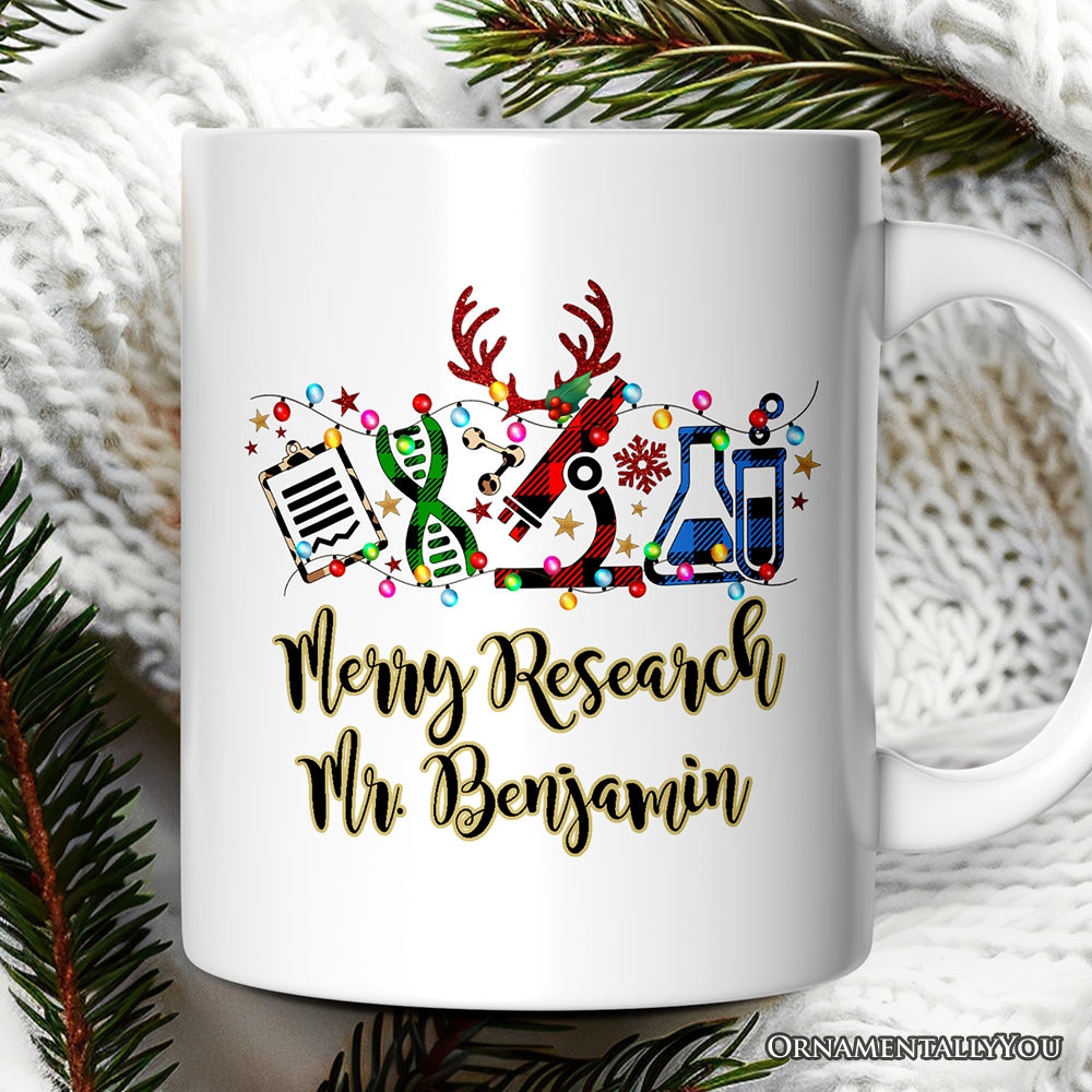 Personalized Mug Science Buffalo Plaid Christmas, Gift for Scientist or Researcher, Lab Tools like Flasks and Microscope