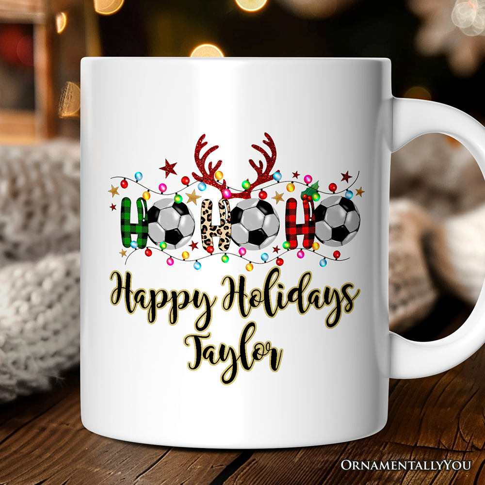 Personalized Mug Soccer Buffalo Plaid Christmas, Ho Ho Ho Football Gift