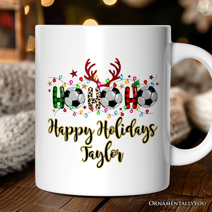 Personalized Mug Soccer Buffalo Plaid Christmas, Ho Ho Ho Football Gift