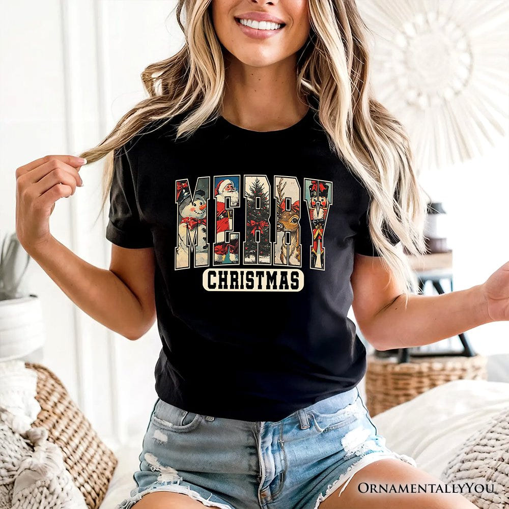 Merry Christmas Vintage T‑Shirt, Santa Tree Reindeer Snowman Nutcracker Tee T-Shirts OrnamentallyYou 